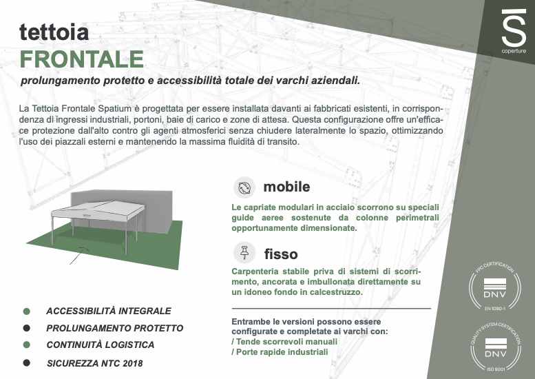 Tettoia industriale frontale fissa in PVC e acciaio zincato